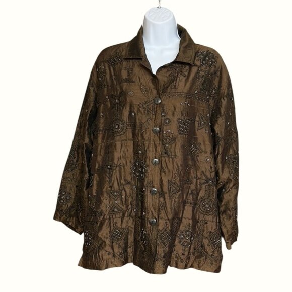 Vintage Chico's Design Brown Silk Heavily Beaded Button Front Lined Jacket - Picture 1 of 11